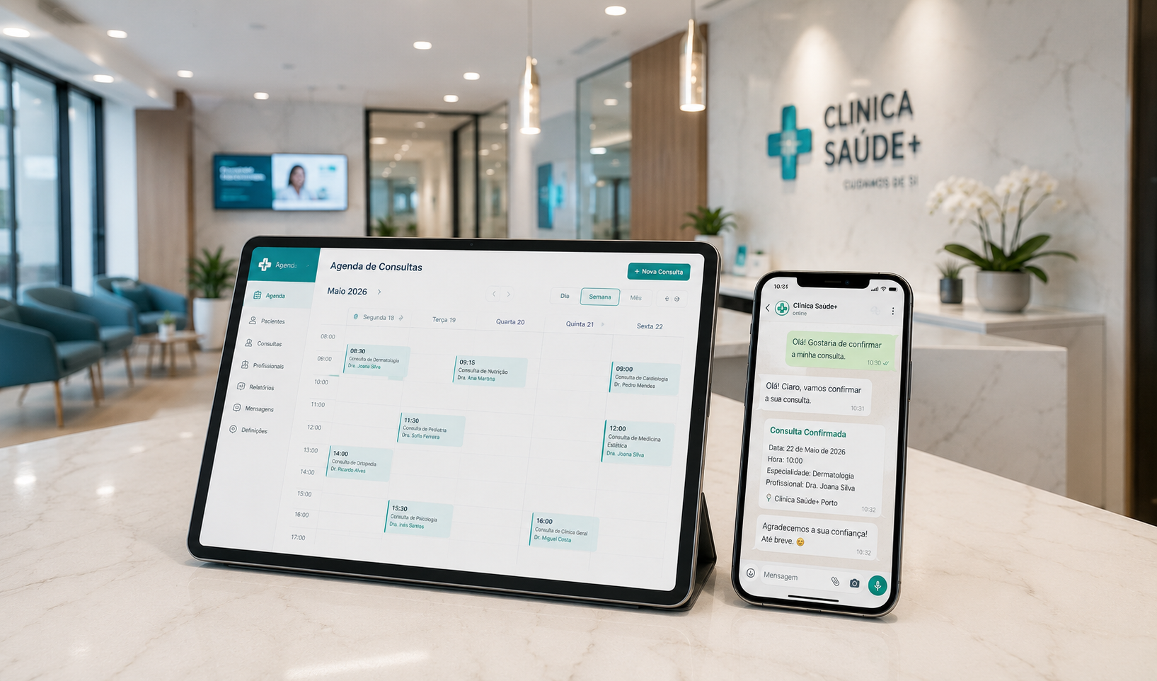 Atendimento medico com ia a gerir marcação de consultas e confirmação de doentes no WhatsApp em Portugal
